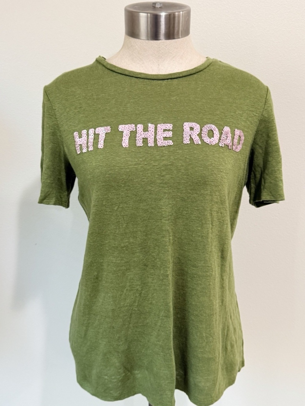 Tory Burch Size Small "Hit The Road" Sequins Olive Green Graphic Tee